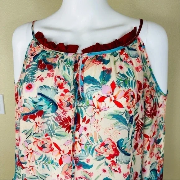 JOHNNY WAS Sz S Top Blue Floral Print Cold Shoulder - Picture 4 of 13